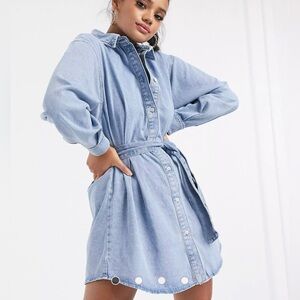ASOS DESIGN denim cinched in belted shirt dress in midwash blue